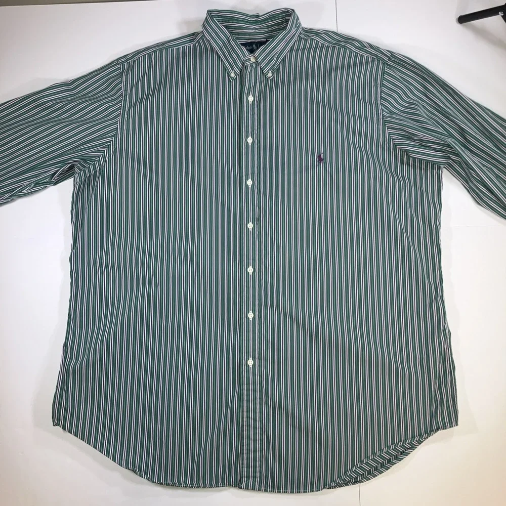 Polo Ralph Lauren Shirt Mens 2XLT Green Purple Striped Button Down Classic‎ Fit
